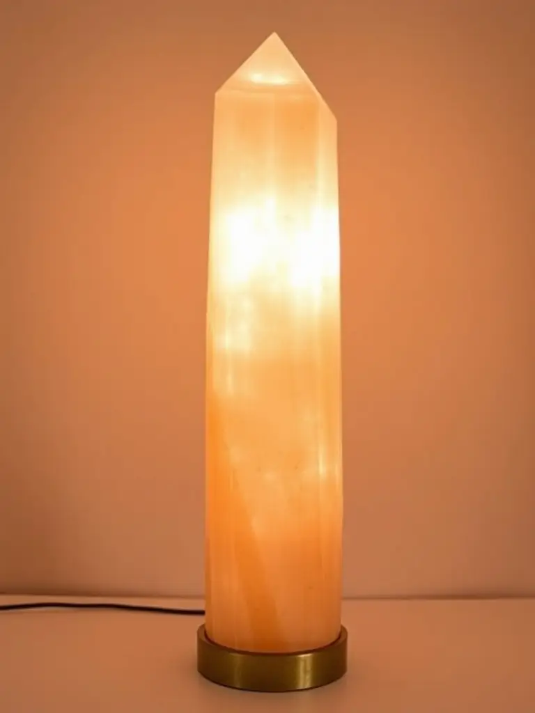 A tall selenite lamp emitting a warm glow.