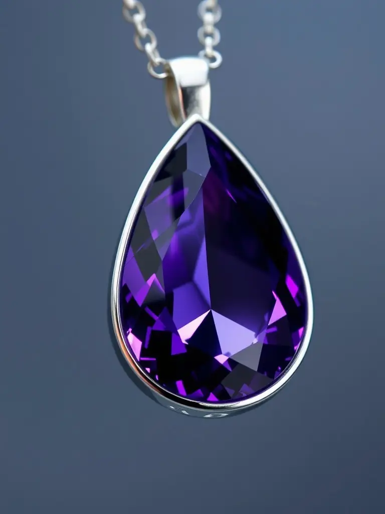 A close-up of an amethyst stone pendant necklace with a silver chain.