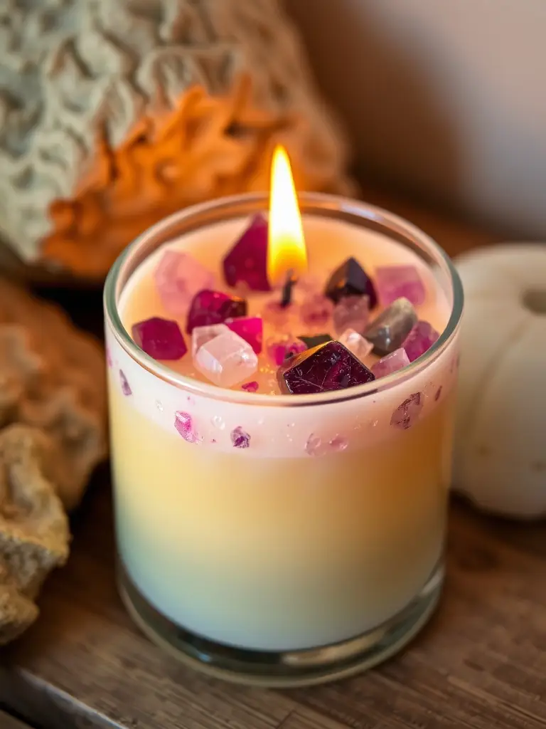 A crystal-infused candle with colorful crystals on its surface, creating a serene ambiance.