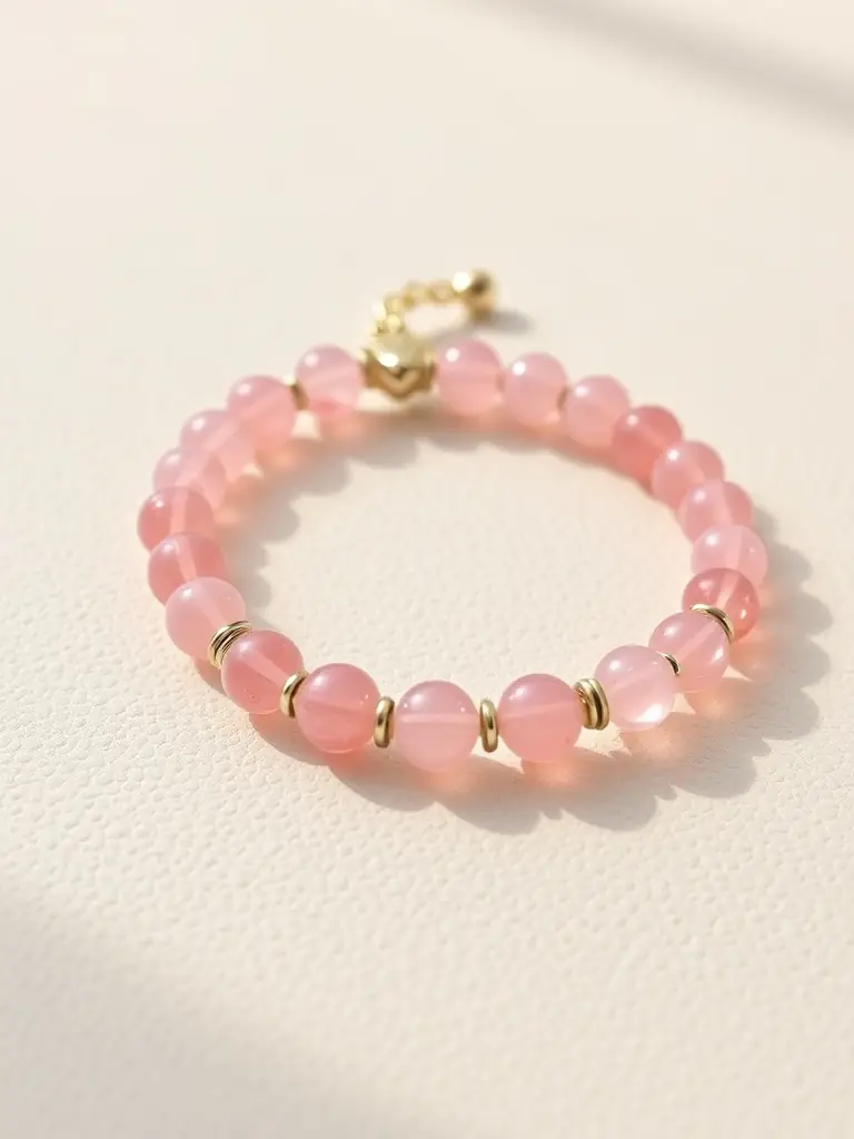 A close-up of a rose quartz bracelet with polished pink beads.