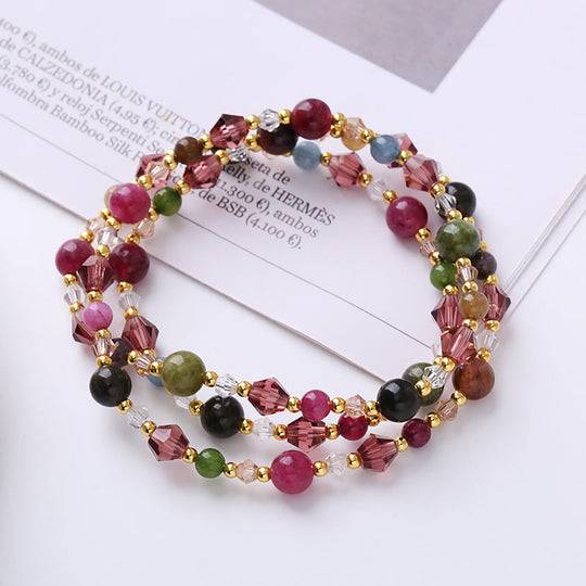 Natural Tourmaline Strawberry Quartz Amethyst Peace Wisdom Double Wrap Bracelet